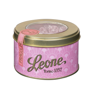 Mansikkahyytelökarkit pyöreässä metallirasia (Leone, Italia) 150 g