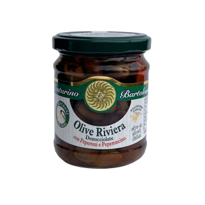 ”Riviera”-oliivit ilman kiviä, EVO-öljyssä, chilimausteella maustettuina, 180 g (Italia)